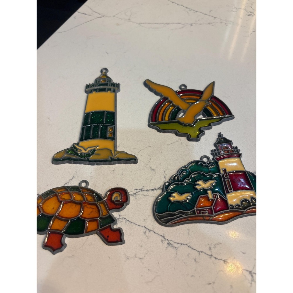 4- Small Stain Glass Light Catchers Plastic Lot Turtle, 2 Lighthouses, 1 bird